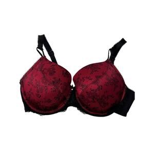 Sociology Bra Size 34E Red Black Floral Lace Overlay Underwire Full Coverage